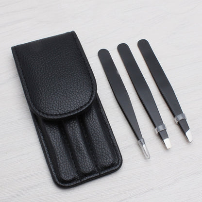Black faux-leather case with three stainless eyebrow scissors, protective covers included