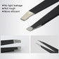 Close-up of two stainless eyebrow scissor tips with black handles
