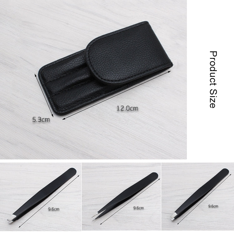 Black faux-leather eyebrow scissors case with three tools and size markers