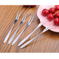 Stainless steel fruit forks set with curved handles, four shown on tabletop