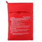 Red reusable microwave potato cooker bag with printed instructions on front