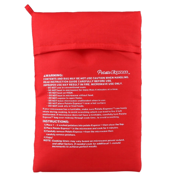 Red reusable microwave potato cooker bag with printed instructions on front