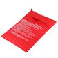 Red microwave potato cooker bag with printed instructions panel and stitched edge