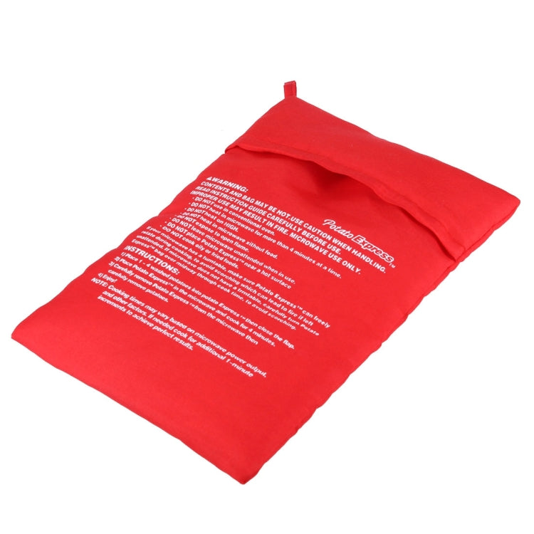Red microwave potato cooker bag with printed instructions panel and stitched edge