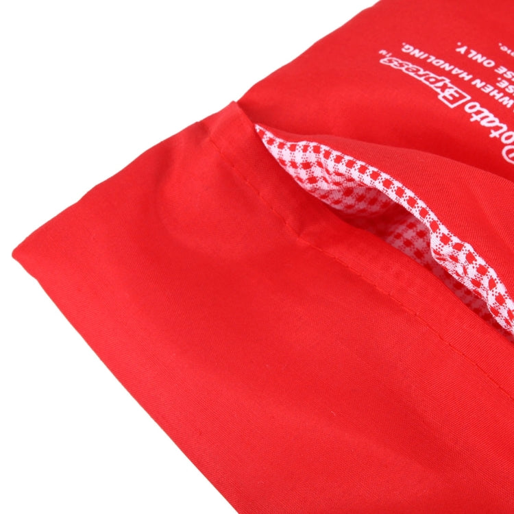 Red microwave potato cooker bag with inner mesh lining near top opening