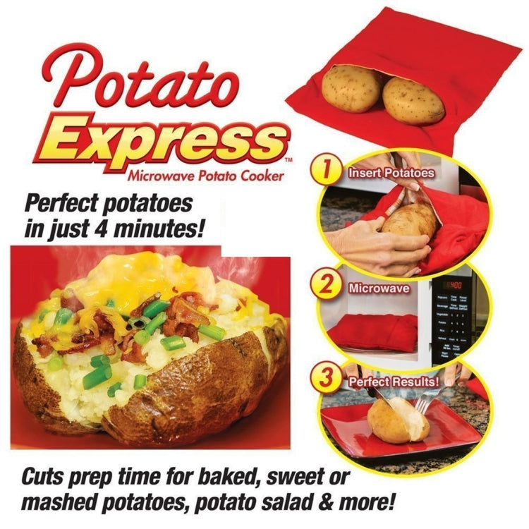 Red microwave potato cooker bag with Potato Express branding and step icons