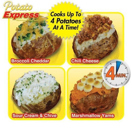 Potato Express microwave potato cooker bag promo graphic for up to 4 potatoes
