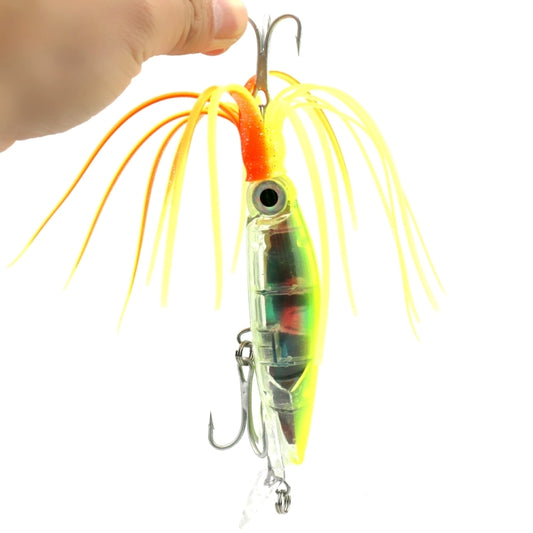 Green and yellow artificial fishing lure with orange and yellow tentacle strands and treble hook