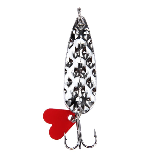 Reflective silver fishing lure with black scale pattern, red accent, and two hooks