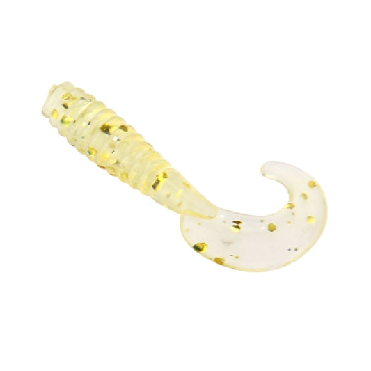 Artificial fishing lure, curved translucent white soft worm with yellow ribbed body and glitter