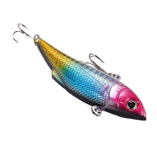Artificial fishing lure, pink head with metallic blue-green and gold body, treble hooks