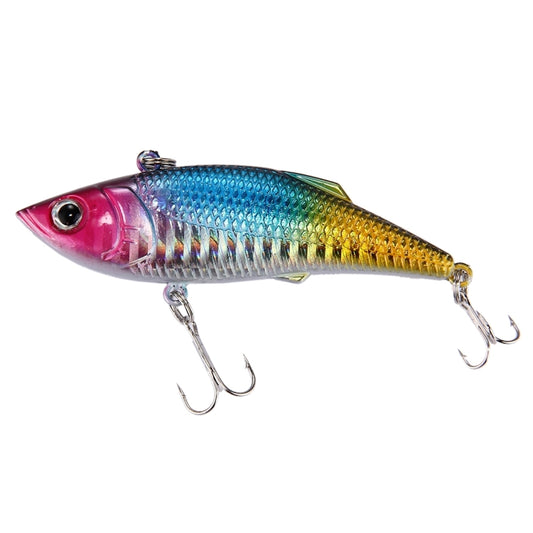 Artificial fishing popper lure, pink head and blue-yellow body with treble hooks