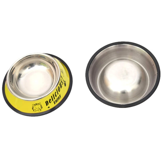Stainless steel pet bowls with anti-slip bases: yellow printed bowl and plain gray bowl