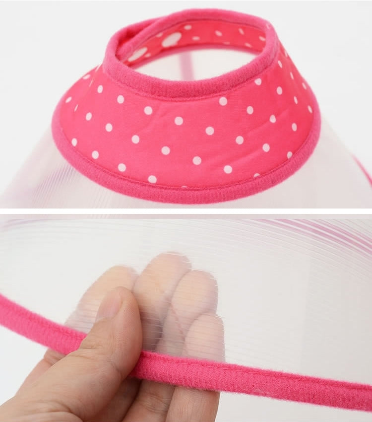 Pink ruff pet neck collar with white polka-dot fabric and elastic edge