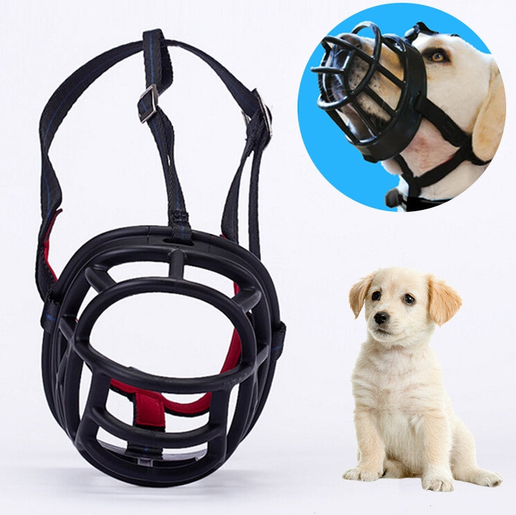 Black plastic dog muzzle with padded straps and red interior, size 6.8x6.3x7.8cm