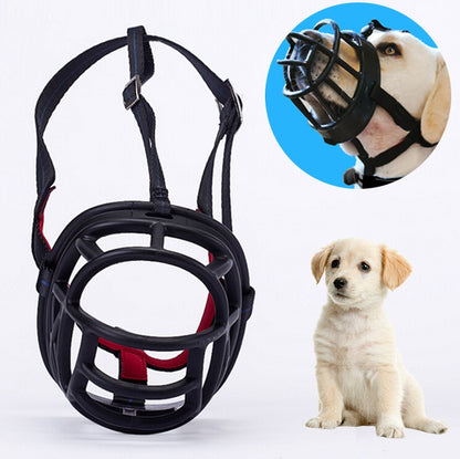 Black plastic dog muzzle with padded straps and red interior, size 6.8x6.3x7.8cm