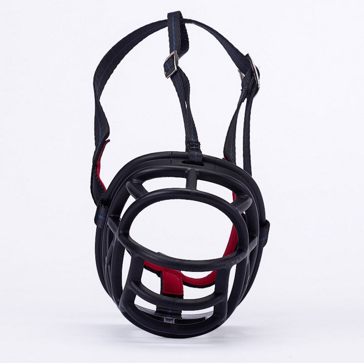 Black anti-bite dog muzzle with two neck straps and red inner cushion