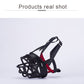 Black dog muzzle with red inner liner and adjustable head and neck straps