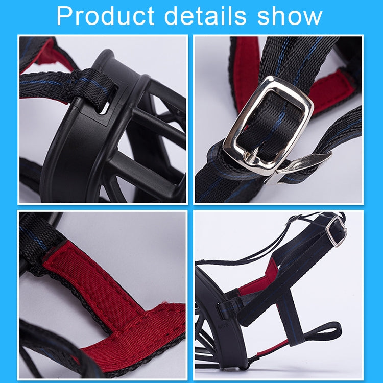 Dog muzzle detail: plastic basket frame, metal buckle, and webbing straps