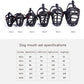 Assorted black dog muzzle sizes shown on a row, with straps and red liners