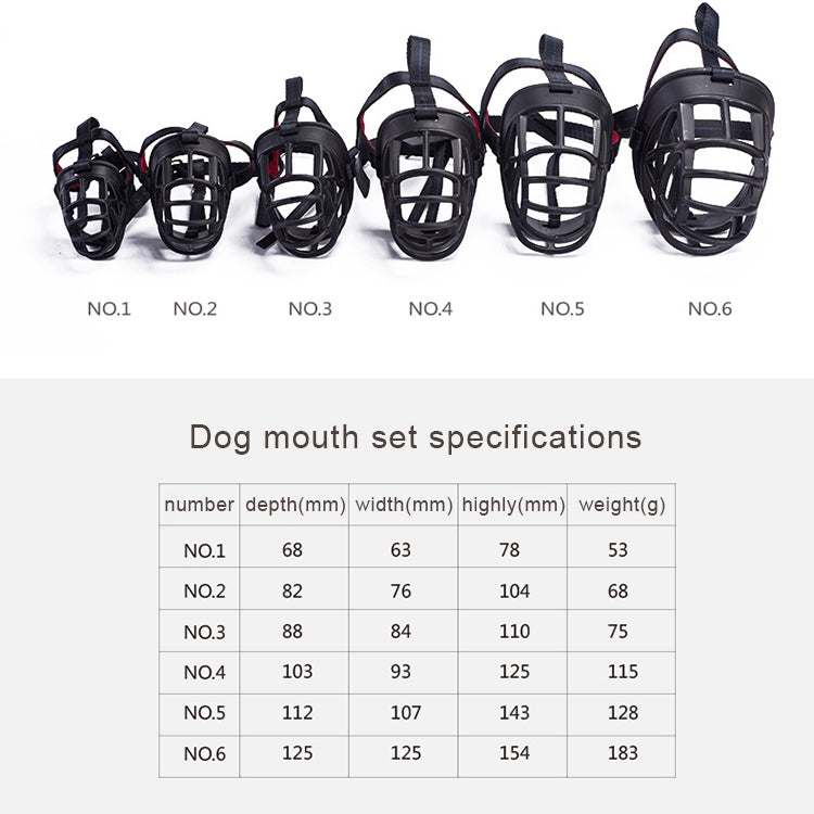 Assorted black dog muzzle sizes shown on a row, with straps and red liners