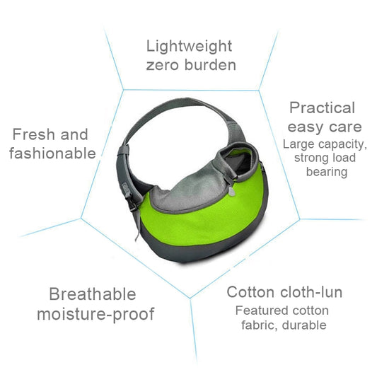 Lightweight reversible pet sling carrier, green and gray with padded shoulder strap