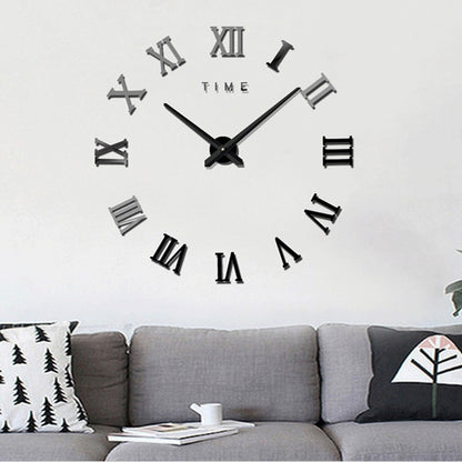 Black wall clock with Roman numeral markers and decorative metal tick hands