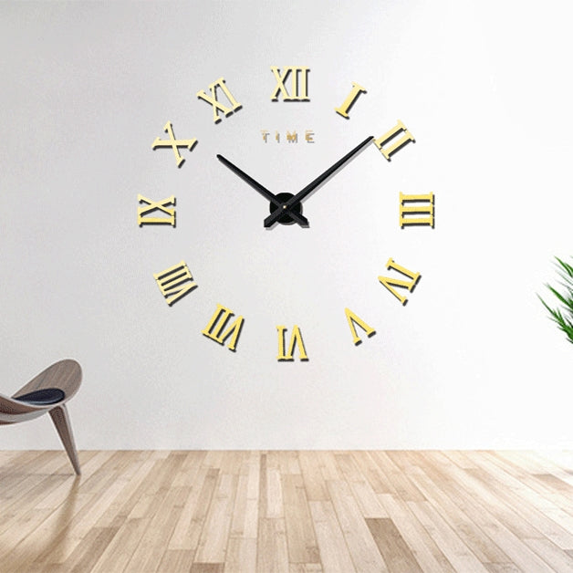 Wall clock with gold Roman numeral markers, black center, and decorative hands