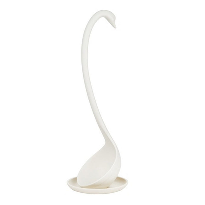 White stand-up ladle spoon holder with curved rest and round base