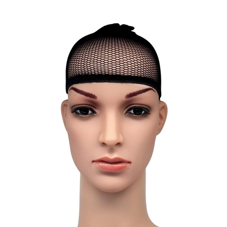 Black mesh wig liner cap on mannequin head, front view