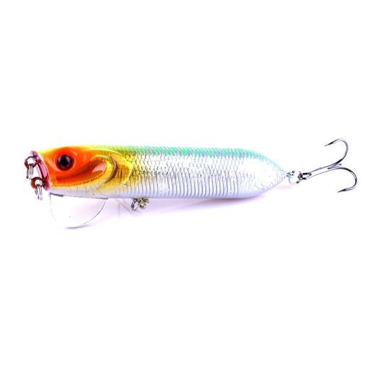 Orange and white popper fishing lure with treble hooks and clear lip