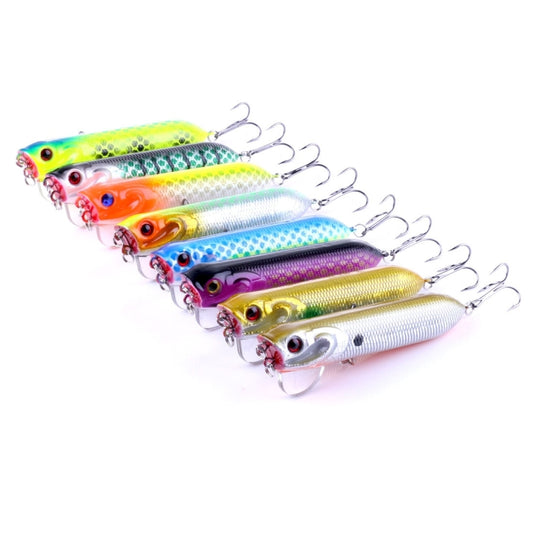Group of colorful popper fishing lures with treble hooks and clear lip