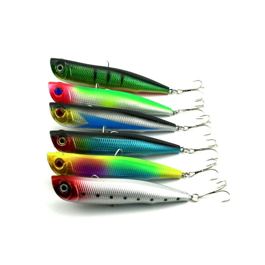 Artificial fishing popper lure with multi-color body and treble hooks