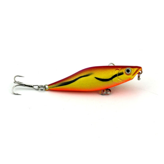 Orange and yellow popper-style fishing lure with black stripe and treble hooks
