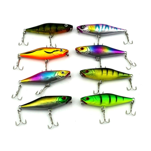 Assorted popper-style artificial fishing lures with treble hooks, multicolor