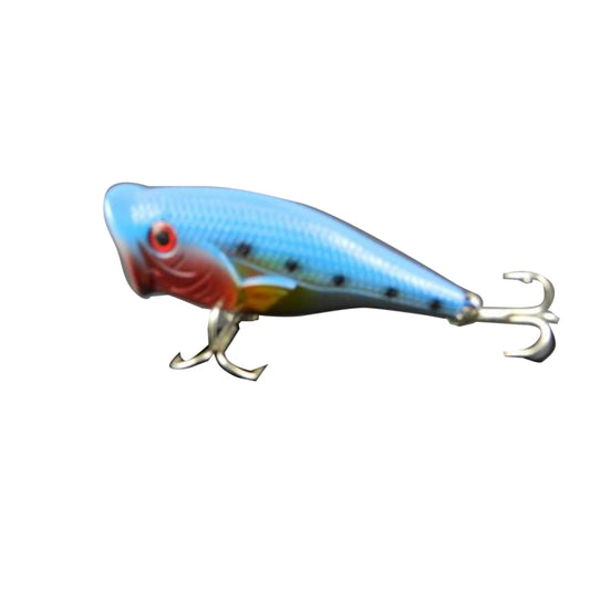 Blue plastic fishing lure with red eye and two treble hooks