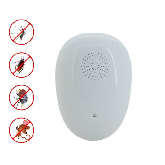 Ultrasonic pest repeller device, white front panel with speaker grille and indicator light