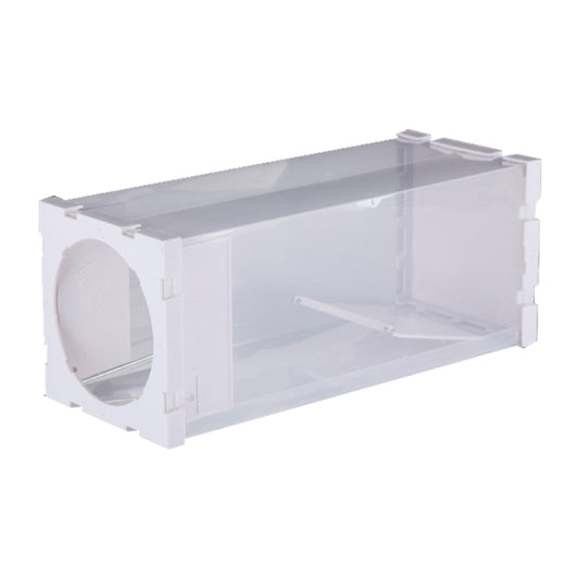 Humane live trap cage for small rodents, transparent plastic with round entry door