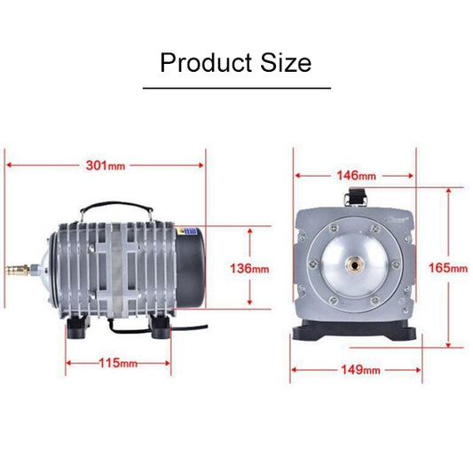 Electromagnetic air pump compressor size diagram with side and front dimension measurements