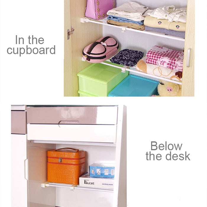 White cabinet shelf organizer with open rails for storage inside a cupboard