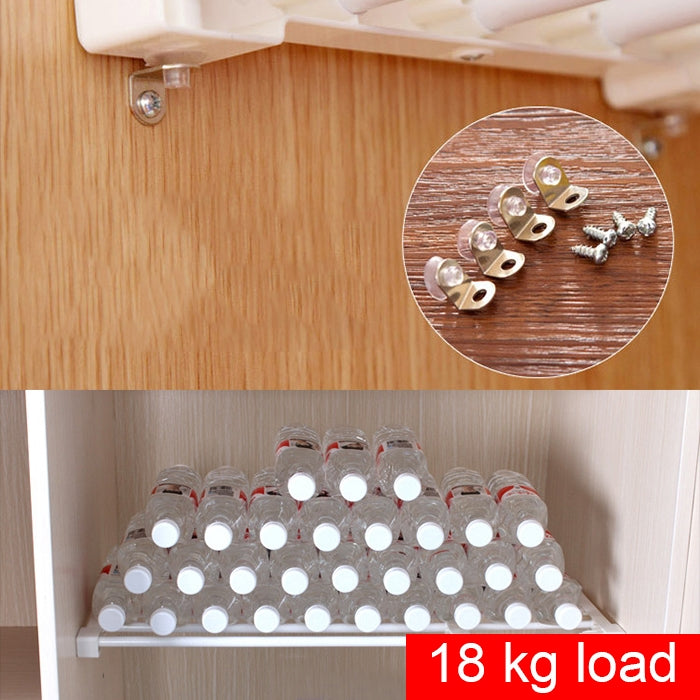 White cabinet shelf organizer with wood-like mounting and corner screws