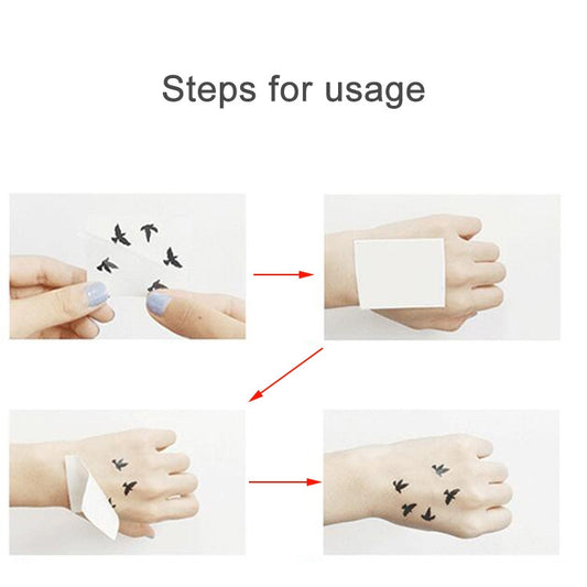 Face tattoo sticker application steps, hands pressing a temporary tattoo onto skin