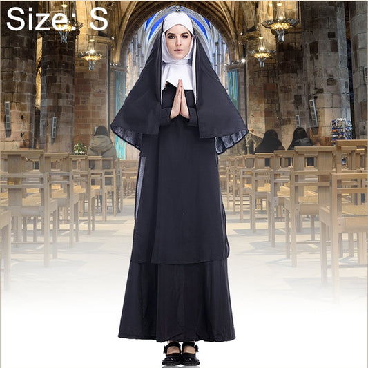 Women’s black nun costume with white headscarf, draped cape, long dress, and front clasp