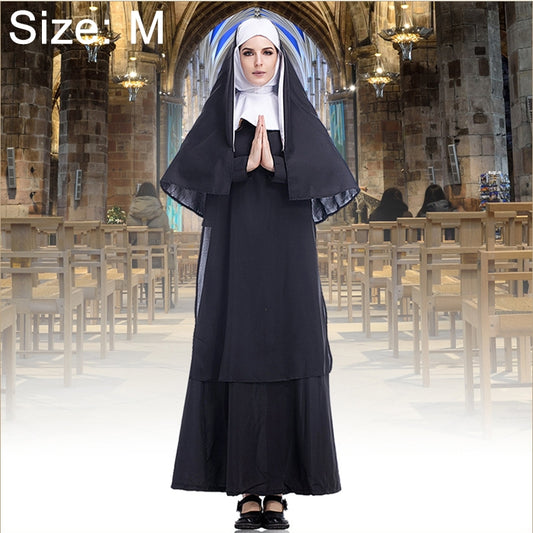 Women’s black nun cosplay outfit with white headscarf, layered cape, and long skirted dress