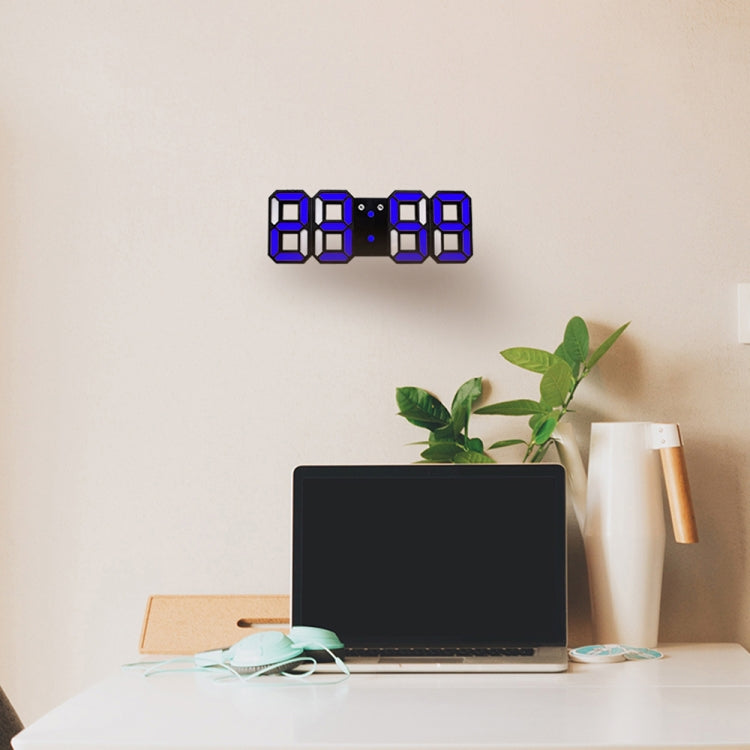 LED digital wall alarm clock with blue 7-segment time display and black housing