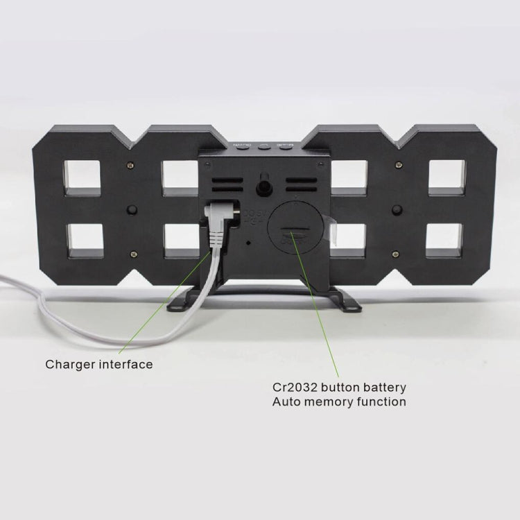 Black LED digital wall alarm clock back with battery slot and charging cable ports