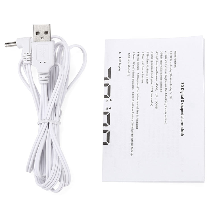 USB power cable and instruction booklet for an LED digital wall alarm clock