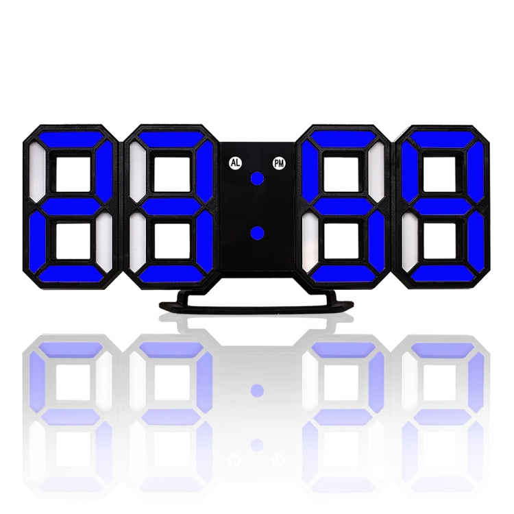 LED digital wall alarm clock showing blue time digits with black frame and 3D cubes