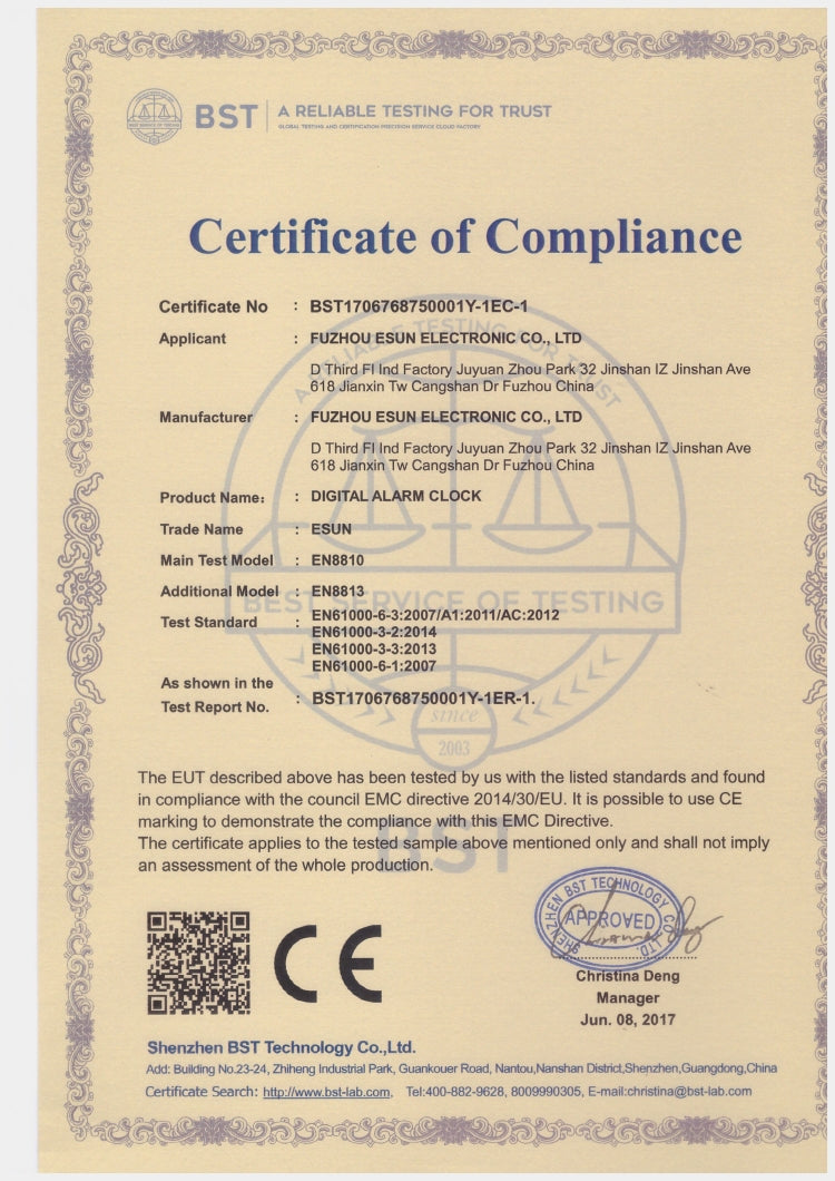 CE compliance certificate document for the LED digital wall alarm clock