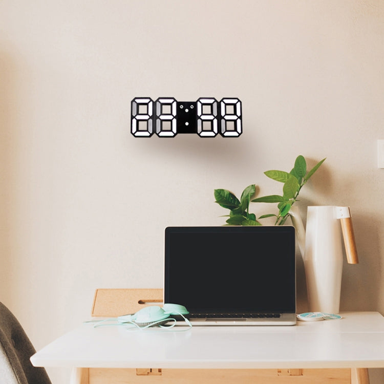 LED digital wall alarm clock with white 7-segment time display and black housing